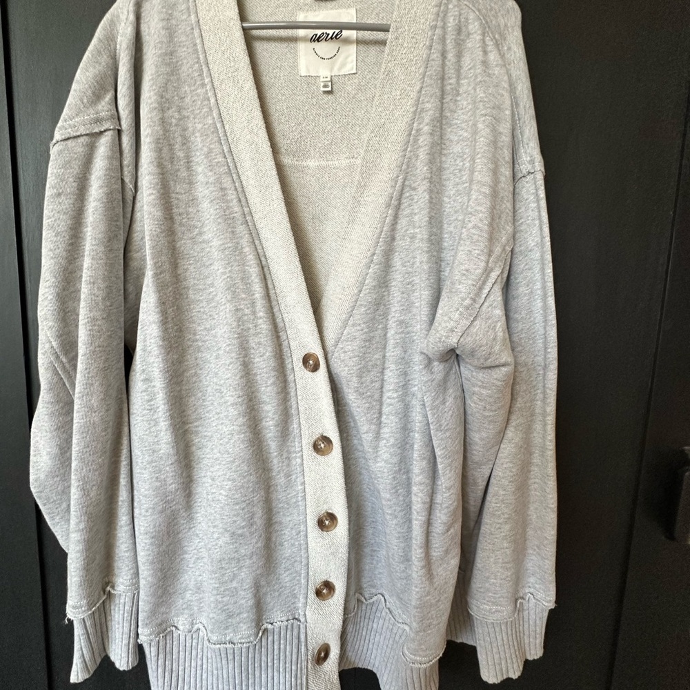 Aerie Light Gray Button-Up Sweatshirt Cardigan